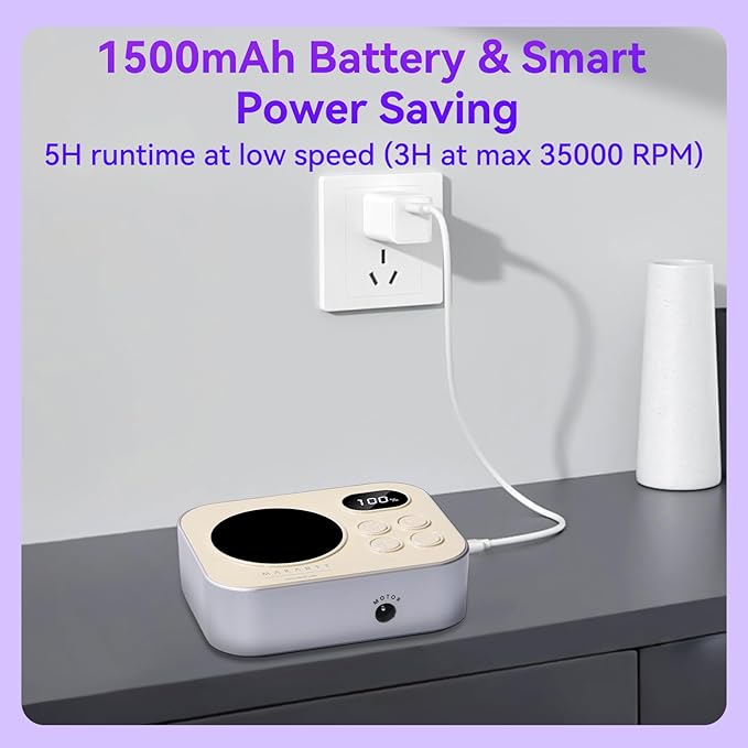 Makartt Electric Nail Drill: Rechargeable Nail Drill Machine 35000RPM, Adelise Ultra Smooth Portable E File Nail Grinder with Nail Bit