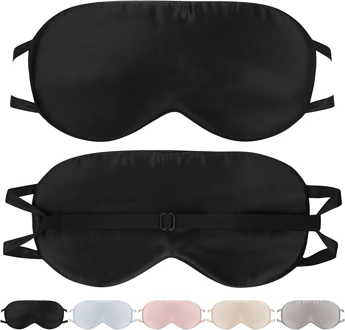Adjustable Silk Sleeping Mask for Travel/Plane/Side Sleeper Pure Mulberry Silk Eye Mask for Sleep/Men/Women/Adults Thin Cooling Eye Cover,Black