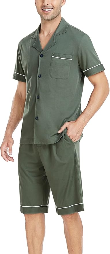 COLORFULLEAF Men's 100% Cotton Short Sleeve Pajama Sets Button Down Notched Collar Sleepwear Soft Lounge Pjs with Pockets