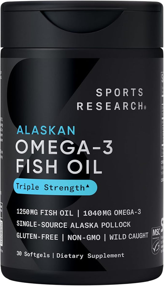 Sports Research® Omega-3 Fish Oil 1250 - Triple Strength Fish Oil Supplement from Wild Alaska Pollock - MSC Certified Sustainable · Non-GMO · Soy Free - 30 Softgel Capsules