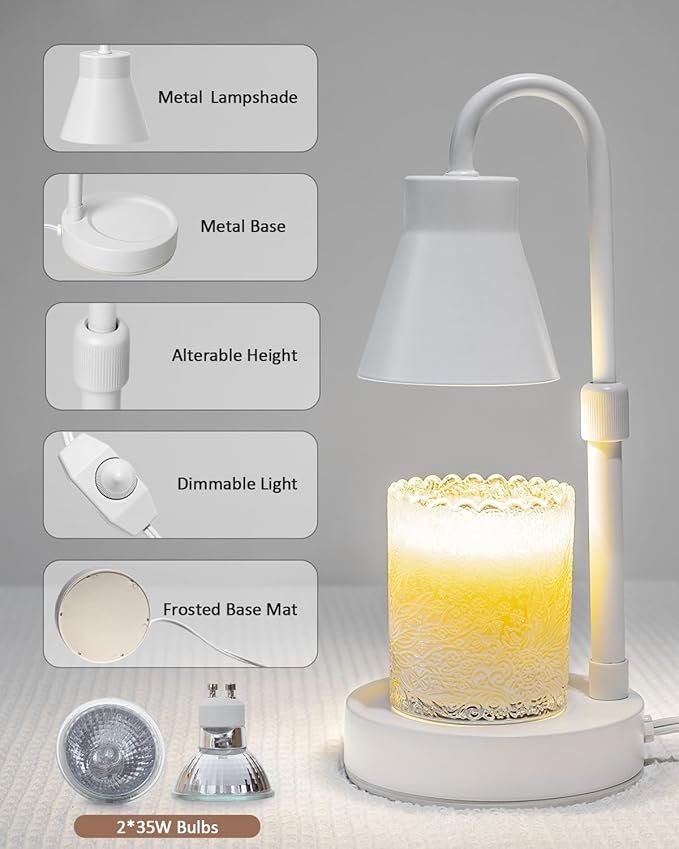 2 Pack White Candle Warmer Lamp, Electric Candle Lamp Warmer, Adjustable Height, Stepless Dimming Function, Wax Melt Warmer for Jar Candles, Candle Warmer Light with 2 Bulbs for Home Bedroom