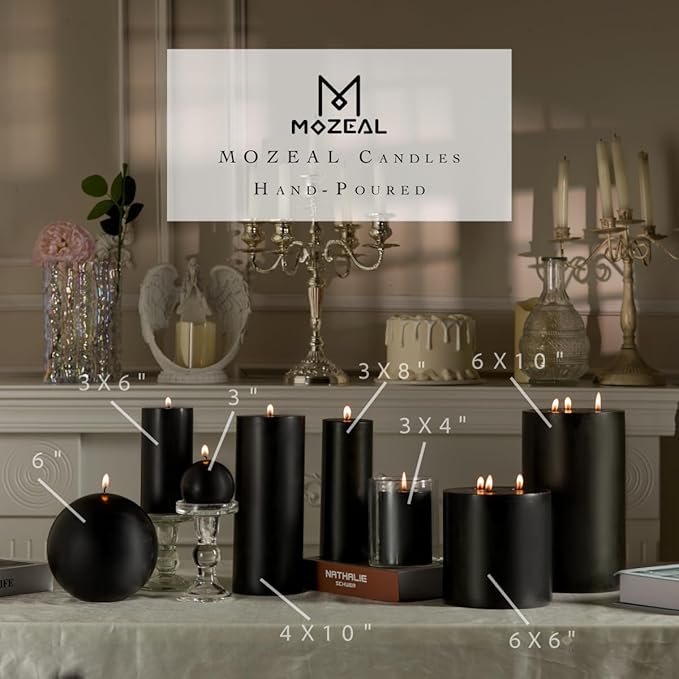 MOZEAL 3" x 6" Hand-Poured Unscented Candle,Dripless Pillar Candle Set of 3,Long Lasting Burning,Approx 120 Hours Burn Time,Rustic Country Style,for Wedding,Dinner,Christmas and Home Decor,Black