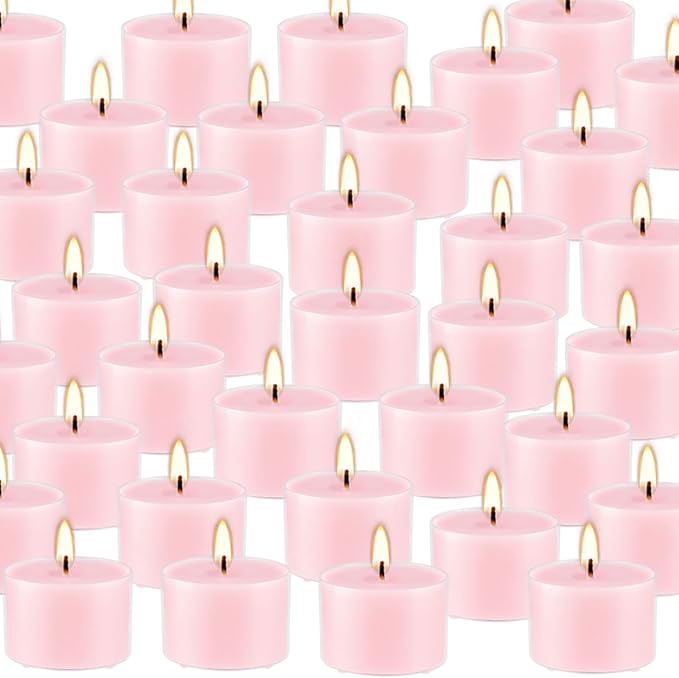 Rose Scented Candle Tealight Candles in Clear Cup, 8 Hours Consistent Smkless Clean Burning, Great for Holiday, Wedding, Spa, Emergency and Home Decoration（Pink，50 Pack）