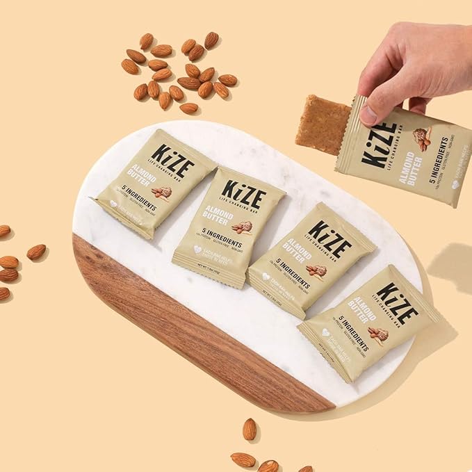KiZE Energy Bars - Almond Butter - 30-Count - Almond-Butter-Based, Gluten Free, Non-GMO, and High Protein Meal Replacement Energy Bars, Clean and Simple Food Ingredients - 10g High Protein Snacks (30 Count)