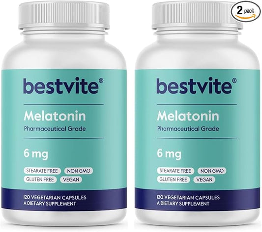 BESTVITE Melatonin 6 mg - 120 Veg Caps - No Stearates - No Sucralose, No Dextrose, No Silicon Dioxide, No Mannitol - Vegan - Non-GMO - Gluten-Free (Pack of 2)