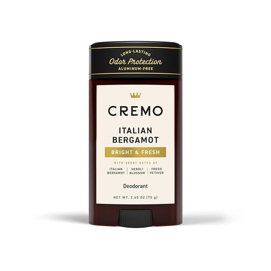 Cremo Italian Bergamot Aluminum Free Deodorant for Men, 48-hour Long Lasting Odor Protection, 2.65oz