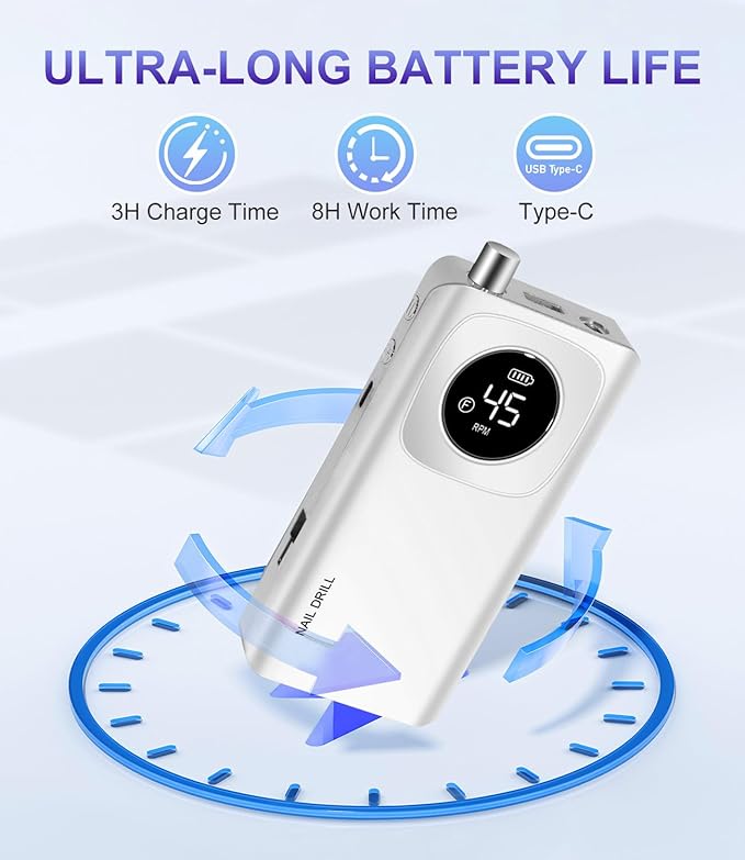 Portable Nail Drill Professional 45000 RPM, Rechargeable Electric Nail File Machine E File for Acrylic Gel Polishing Removing, Cordless E-File with Bits Kit for Manicure Salon Home