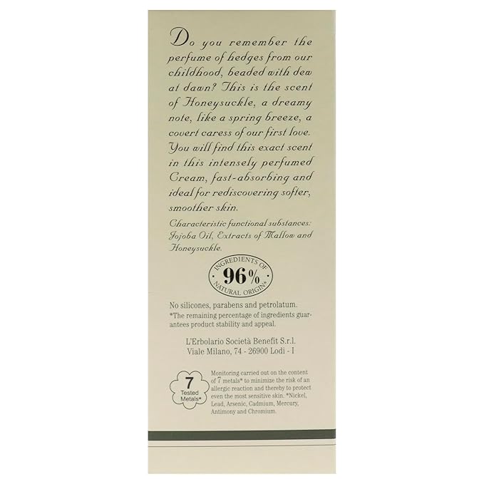 LErbolario Perfumed Body Cream, Honeysuckle, 5.7 oz - Body Lotion - With Extracts of Jojoba Oil - Floral Citrus Scent - Moisturizing - Cruelty-Free