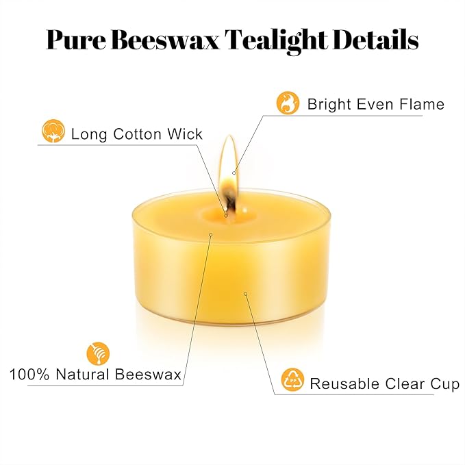 150Pcs Beeswax Tealight Candles, 100% Pure Beeswax Tea Candles | 4-Hour Extended Burn Time | Natural Bees Wax Tea Light Candle in Clear Cup, Perfect for Home Deco,Air Purification