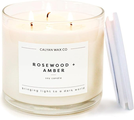 Calyan Wax Co. 3 Wick Candle, Rosewood + Amber Scented Candle, 43 Hour Burn Time, 3 Wick Soy Candles, Non Toxic & Vegan Soy Wax, Ceramic Scented Candles, 26oz