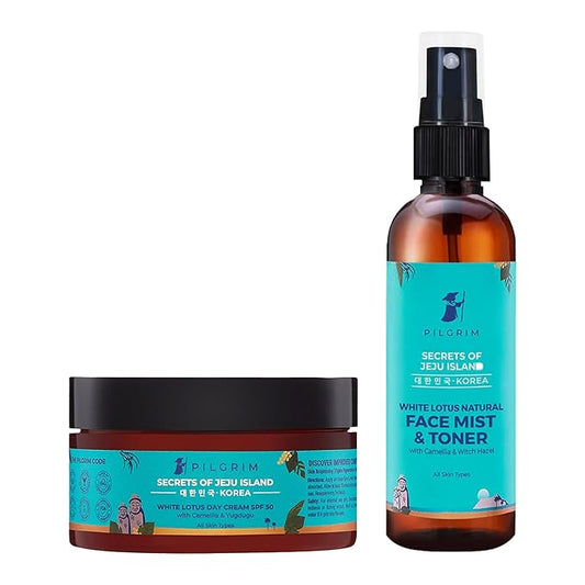 Pilgrim Korean White Lotus Day Cream SPF 50 (PA+++) & Face Mist & Toner With Camelia & Yugdugu | Skin Brightening |Reduces Fine Lines & Wrinkles| Deep Nourishment|Fights Pigmentation