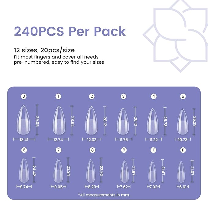 Medium Stiletto Nail Tips: 240Pcs Full Cover Stiletto Press On Nails, 12Sizes Pre-shaped Soft Gel Nails Clear Fake False Nails For Nail Extensions Home Nail Art Salon