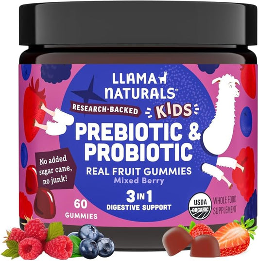 Llama Naturals Kids Probiotic with Prebiotic Fiber, Vegan, Organic Prebiotics and Probiotics Gummies for Gut Health Support, Toddler Real Fruit Gummy Vitamins, No Added Sugar Cane, Mixed Berry, 60 Ct