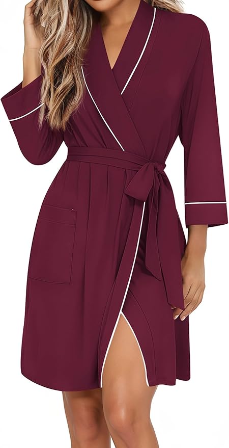 Ekouaer Women Robes Shawl Collar Bathrobe Short Kimono Robe Soft Knit Bathrobes Ladies Sleepwear with Pockets S-XXL