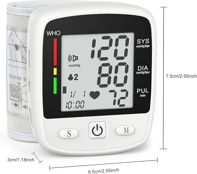 Blood Pressure Monitor Digital Wrist BP Machine Automatic Adjustable Cuff ( 5.3 to 7.7 in) with 2 Users 180 Memory Voice Broadcast Large LCD Display USB Charging Cable Carrying Case