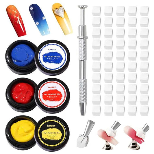 Sponge Pat Gel Nail Polish Set, Blue Red Yellow 3 Colors Primary Blending Ombre Gel Polish Gradient Painting Nails Art, No Wipe, UV/LED Cured (50Sponges & Grabber & 3PrimaryColors)