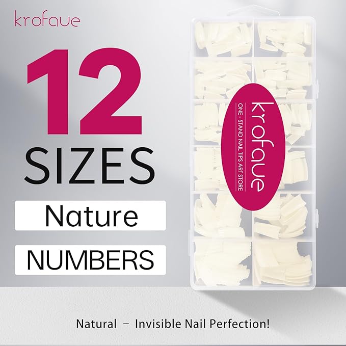 krofaue 504PCS French Nail Tips - Soft Gel Half Cover Fake Nails 12 Sizes Acrylic Square False Tips Natural French Tip Press On Nails Gift for Nail DIY & Salon