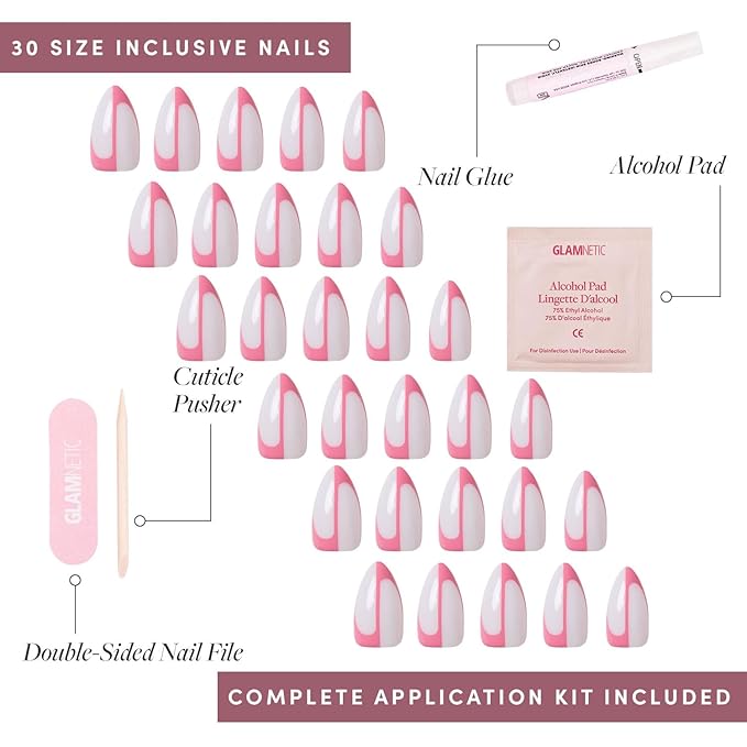 Glamnetic Press On Nails - Better Half | Glossy, Semi-Transparent Short Almond Nails with Pink Accents, Salon Quality | 15 Sizes - 30 Nail Kit with Glue