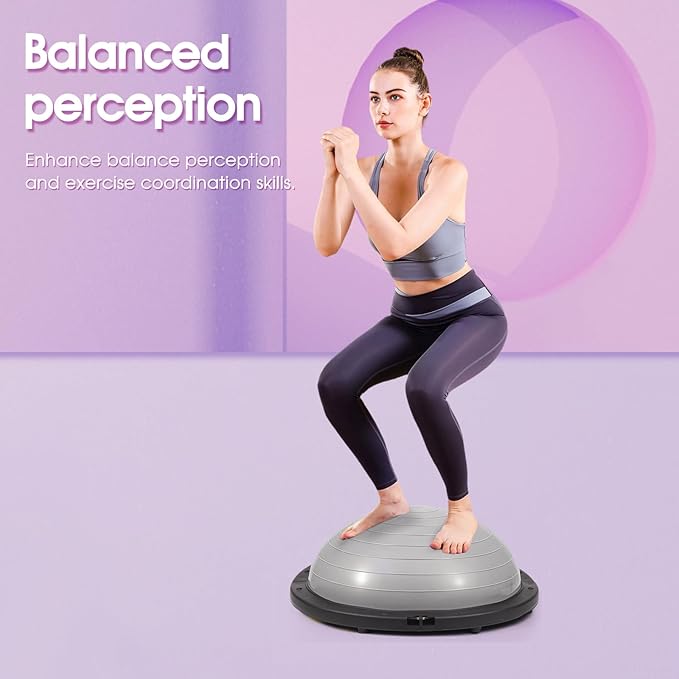 Half Balance Ball Trainer, 26 inch Stability Ball with Resistance Bands, Exercise Ball with Foot Pump, Gray