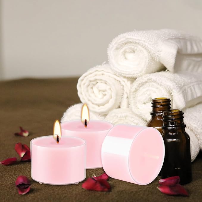 Rose Scented Candle Tealight Candles in Clear Cup, 8 Hours Consistent Smkless Clean Burning, Great for Holiday, Wedding, Spa, Emergency and Home Decoration（Pink，50 Pack）