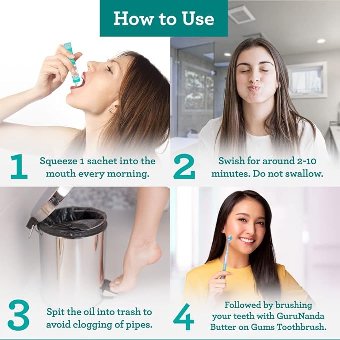 GuruNanda Travel Sachets Coconut Oil Pulling, Fresh Breath Mouthwash, 7 Essential Oils & Vitamins for Happy Teeth & Gums, 28 Sachets