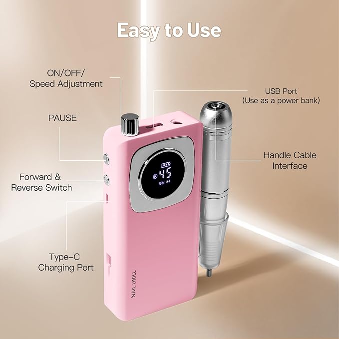 Rechargeable Electric Nail File Professional: Madenia 45000RPM Portable Efile Nail Drill Kit, Cordless E File Nail Drill Machine for Acrylic Gel Nails Salon Home Manicure Use, Pink