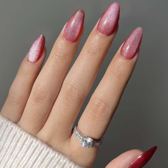 GLAMERMAID Magnet Cat Eyes Dark Red Press on Nails Short Almond, Handmade Jelly Gel Fake Nail Set, Ombre Glitter Magnetic Glue on Nail Stiletto, Scarlet Medium Oval Stick on False Nail Set for Women