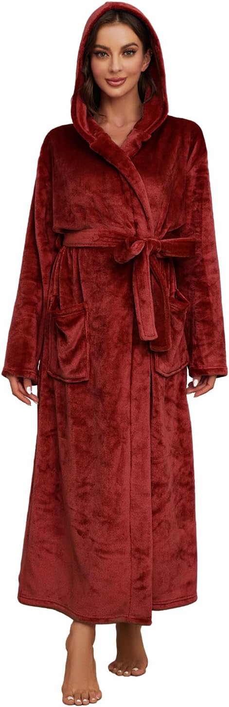 HEARTNICE Womens Long Hooded Robe, Soft Warm Fleece Bathrobes Full Length Plush House Coat