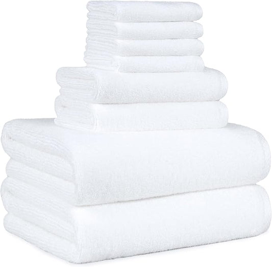 Amazon Basics 100% Cotton Soft Quick-Dry Bath Towel Set, 8-Piece, White, 10" x 7"