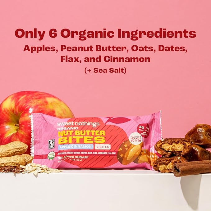 Sweet Nothings, Apple Cinnamon, USDA Organic Nut Butter Bites Protein Bar, Nut & Date Snack, Filled with Peanut Butter, 12-2 Bite Value Packs - No Added Sugar, Good Source of Fiber, Only 7 Ingredients