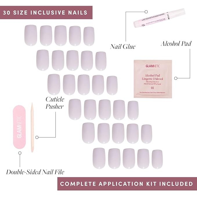 Glamnetic Press On Nails - Lilac Gray | Opaque Pale Light Lilac Gray Short Squoval Fake Nails, Salon Quality | 15 Sizes - 30 Nail Kit