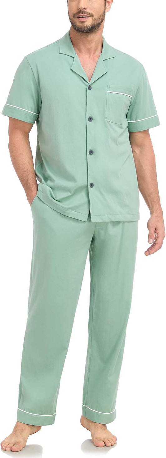 COLORFULLEAF Men's 100% Cotton Pajamas Set Button Down Sleepwear Short Sleeve and Long Pants Pjs