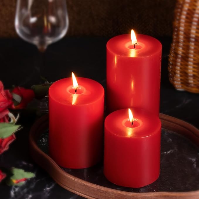 KONNI Red Pillar Candles Set of 3, 3"x 3" Unscented Pillar Candles Bulk, 30 Hours Long Burning Candles, Smokeless and Dripless Large Round Candle for Wedding, Home Decoration, Parties, Spas, Dinner
