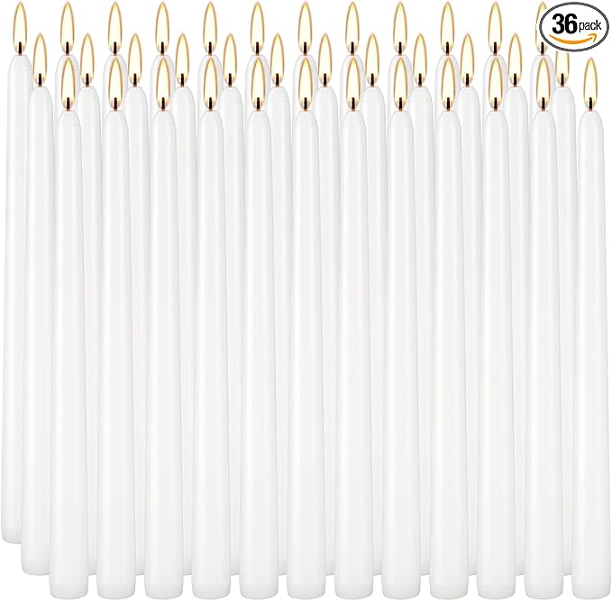 36 Pack White Taper Candles, 7-8 Hours Burn Time, Unscented, Smokeless and Dripless, 0.8 x 10 Inch Dinner Candle Set for Household, Wedding, Party and Home Décor Candlesticks