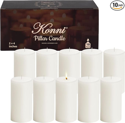 KONNI White Pillar Candles Set of 10, 2"x 4" Unscented Pillar Candles Bulk, 20 Hours Long Burning Candles, Smokeless&Dripless Large Round Candle for Wedding, Home Decoration, Parties, Spas, Dinner