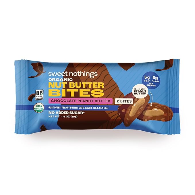 Sweet Nothings, Chocolate, USDA Organic Nut Butter Bites Protein Bar, Nut & Date Snack, Filled with Peanut Butter, 12-2 Bite Value Packs - No Added Sugar, Good Source of Fiber, Only 7 Ingredients