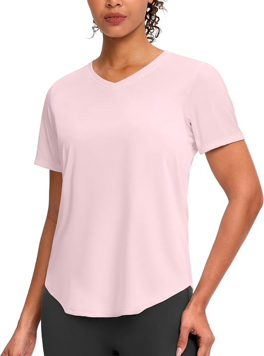 Womens Workout Tops V-Neck Short Sleeve UPF 50+ Sun Shirt Moisture Wicking Quick Dry Top for Gym, Running, Athletic
