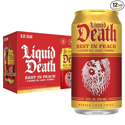 Liquid Death, Rest in Peach Iced Tea, 12-Pack (12 oz Cans), Peach Flavored Black Tea, Low Calorie, No Artificial Sweeteners, B12 & B6 Vitamins