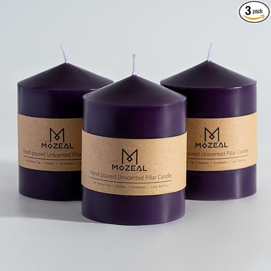 MOZEAL 3" x 4" Hand-Poured Unscented Dark Purple Pillar Candles,Dripless Candles Set of 3,Smokeless,Clean Burning,Approx 60 Hours Burn Time,Wedding,Dinner,Christmas and Home Decor（3 Inch Width Series）