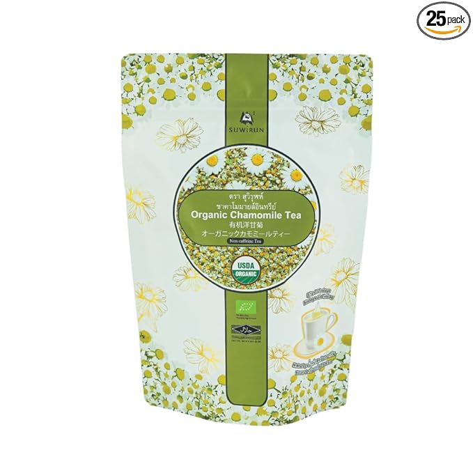 Suwirun Organic Chamomile Tea 25 Bags – 100% Chamomile Flowers – Naturally Caffeine-Free, Supports Relaxation & Sleep – Smooth & Soothing Herbal Tea