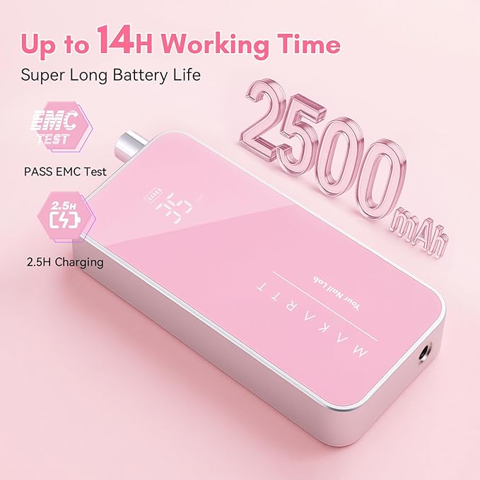 Makartt Nail Drill Professional: 60W 35000RPM Electric Nail File with Coreless Motor, 2 in 1 Desktop & Portable, Drill Bits and LCD Display for Acrylic Gel Nails, Nouvella Pink