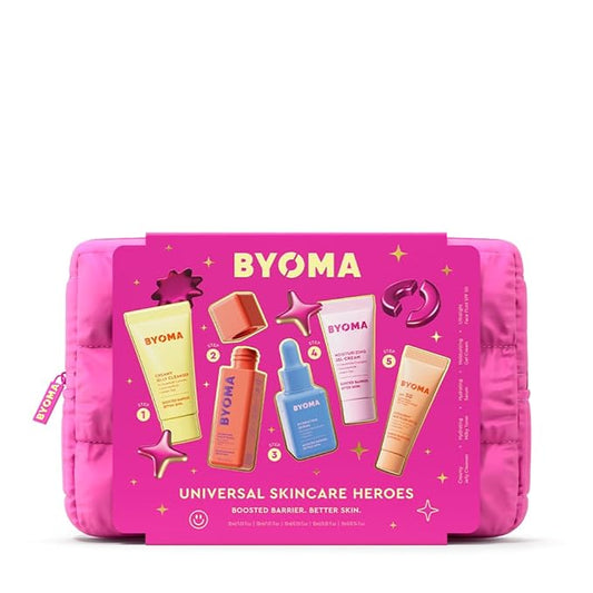 BYOMA Universal Skincare Heroes (5-Piece Kit) - Skincare Gift Set with Jelly Cleanser, Milky Toner, Hydrating Serum, Gel Cream & SPF 50 - Skin Barrier Repair Gift Set with Makeup Bag