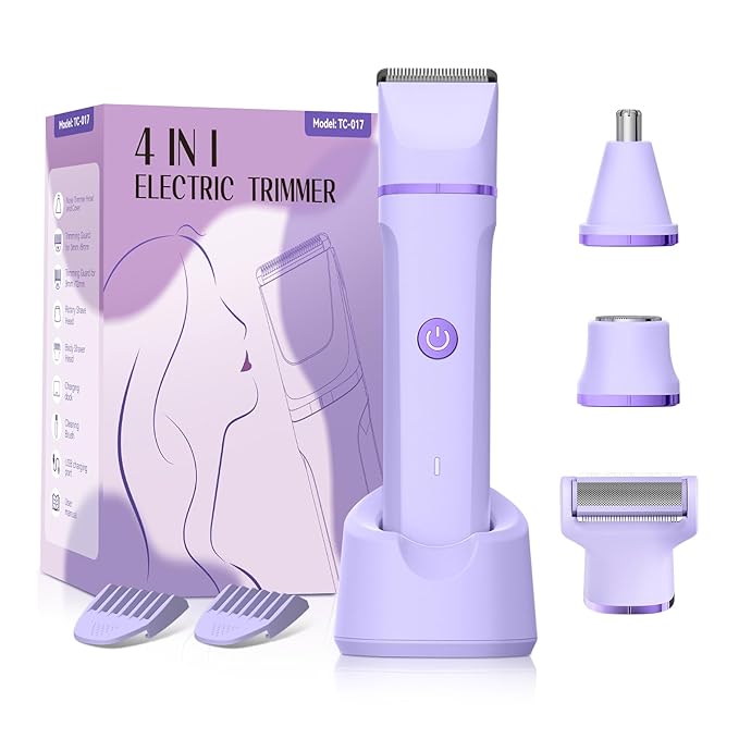 Electric Razors for Women - 4 in 1 Bikini Trimmer for Women, Waterproof Body Pubic Shaver for Womens Wet & Dry Use, Replaceable Facial & Nose Hair Trimmer, Rechargeable Hair Removal Kit, Purple