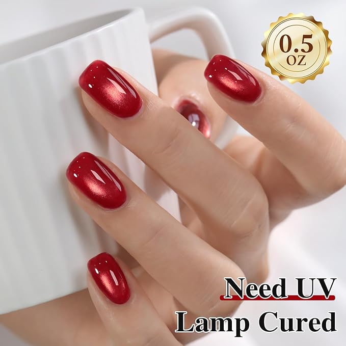 Double Rhythm 0.5 OZ Cat Eye Gel Polish with Magnet 15ML Holographic Glitter Shimmer Translucent Jelly Color Magnetic Nail Polish Salon DIY at Home (Dreamy Cherry Red-MC1274)