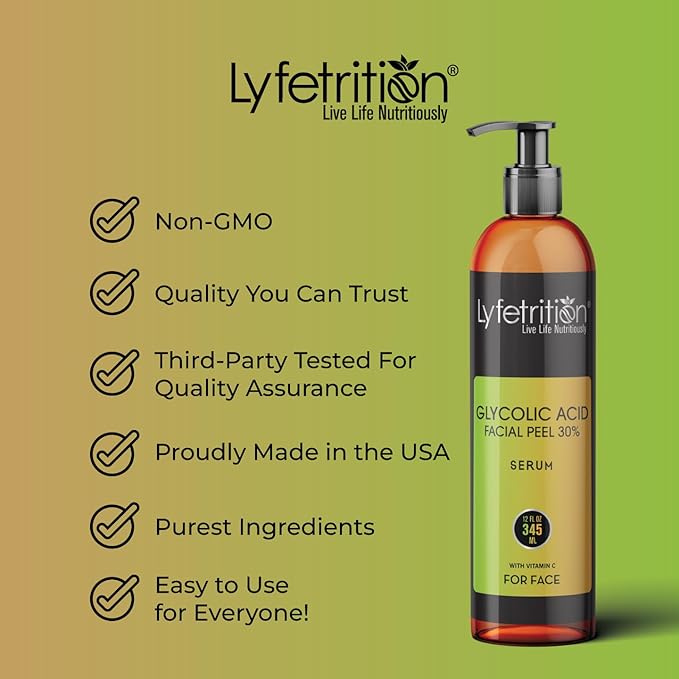 Lyfetrition Glycolic Acid/AHA 30% Renewal Serum, infused with Vitamins C & E for Skin Brightening, Exfoliating Serum Works for Dark Spots, Acne, and Reduces Fine Lines & Wrinkles - (12 Fl Oz)