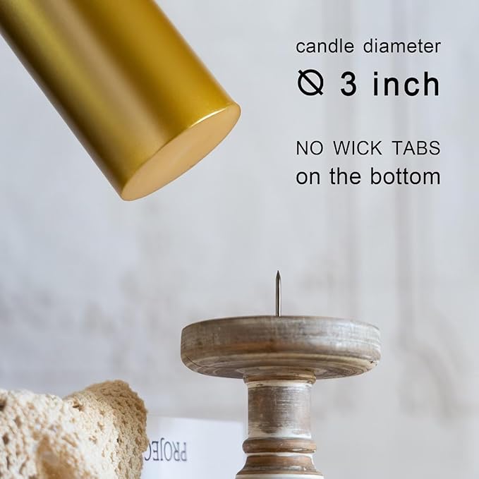 MOZEAL 3" x 8" Hand-Poured Unscented Candles,Large Gold Pillar Candles Set of 2,No Drip,Approx 120 Hours Long Burning,Wedding,Dinner,Christmas and Home Decor（3 Inch Diameter 8 Inch Height）