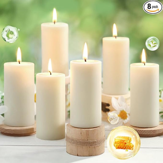 8 Pack Natural Beeswax Pillar Candles,100% Pure Beeswax Candles-344 Hours Long Burning,Off-White Unscented Bees Wax Candles for Home,Prayer,Dripless Smokeless Organic Pillar Candles Bulk-2x4in