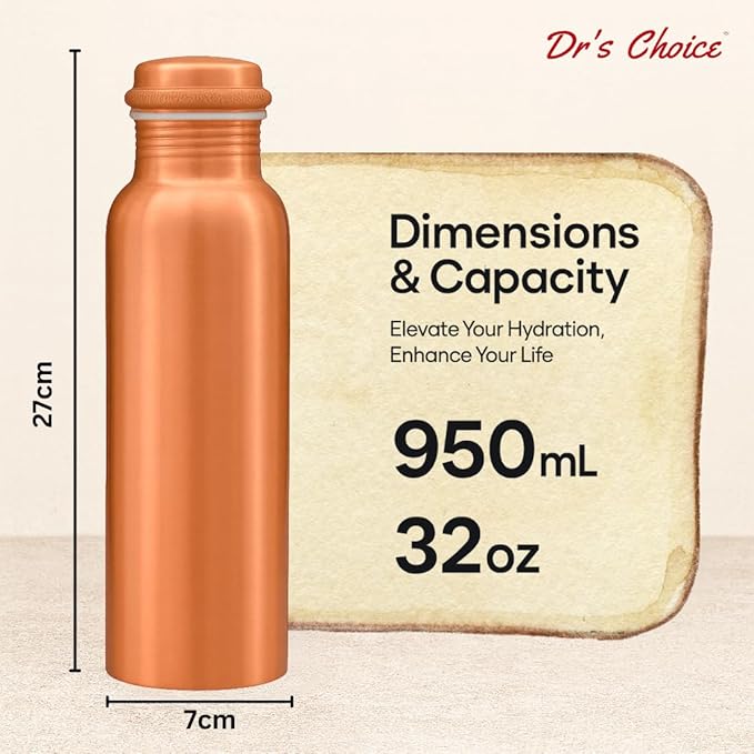 Dr's Choice; By Copperking Copper Water Bottle for Drinking 32 Oz | Ayurvedic-Inspired, Hammered Design, Eco-Friendly, Men and Women For Yoga & Fitness Use (Plain)