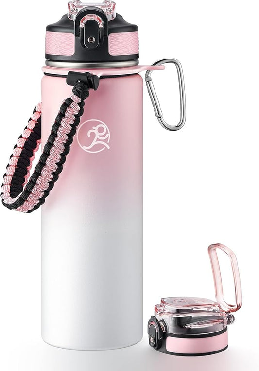 GOSWAG Insulated Sports Water Bottle, 24oz 2 Lids(with Straw/No Straw), Stainless Steel Water Bottles with Paracord Handle, Insulated Bottle with Double-Wall Vacuum Insulation