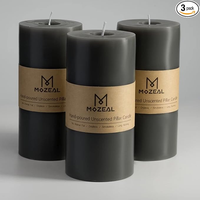 MOZEAL 3" x 6" Hand-Poured Unscented Candle,Dripless Pillar Candle Set of 3,Long Lasting Burning,Approx 120 Hours Burn Time,Rustic Country Style,for Wedding,Dinner,Christmas and Home Decor,Dark Gray